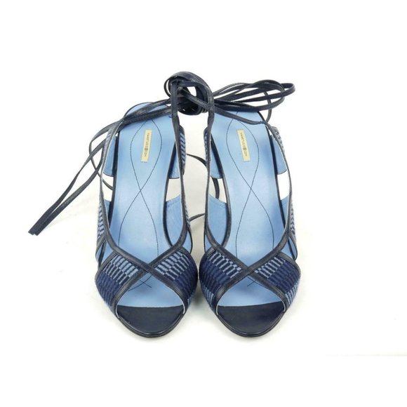 NEW MAX STUDIO Sz 9 M Strappy Stiletto Heels Leather & Fabric Cutouts Wraparound - Picture 3 of 7